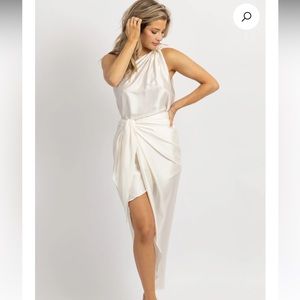Ivory Satin One shoulder Midi Wrap Dress